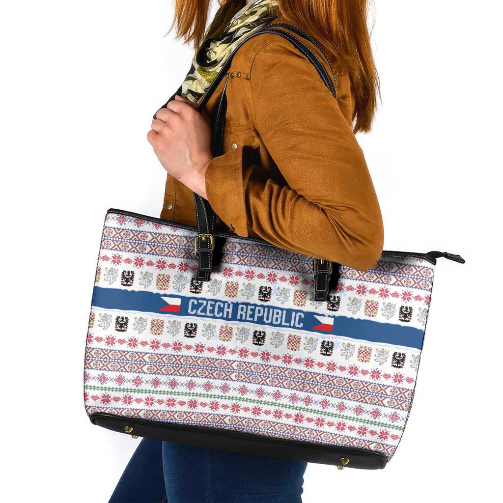 Czech Republic Christmas Leather Tote Bag with Folk Embroidery Design, National Coat of Arms, and Festive Motif - Wonder Print Shop