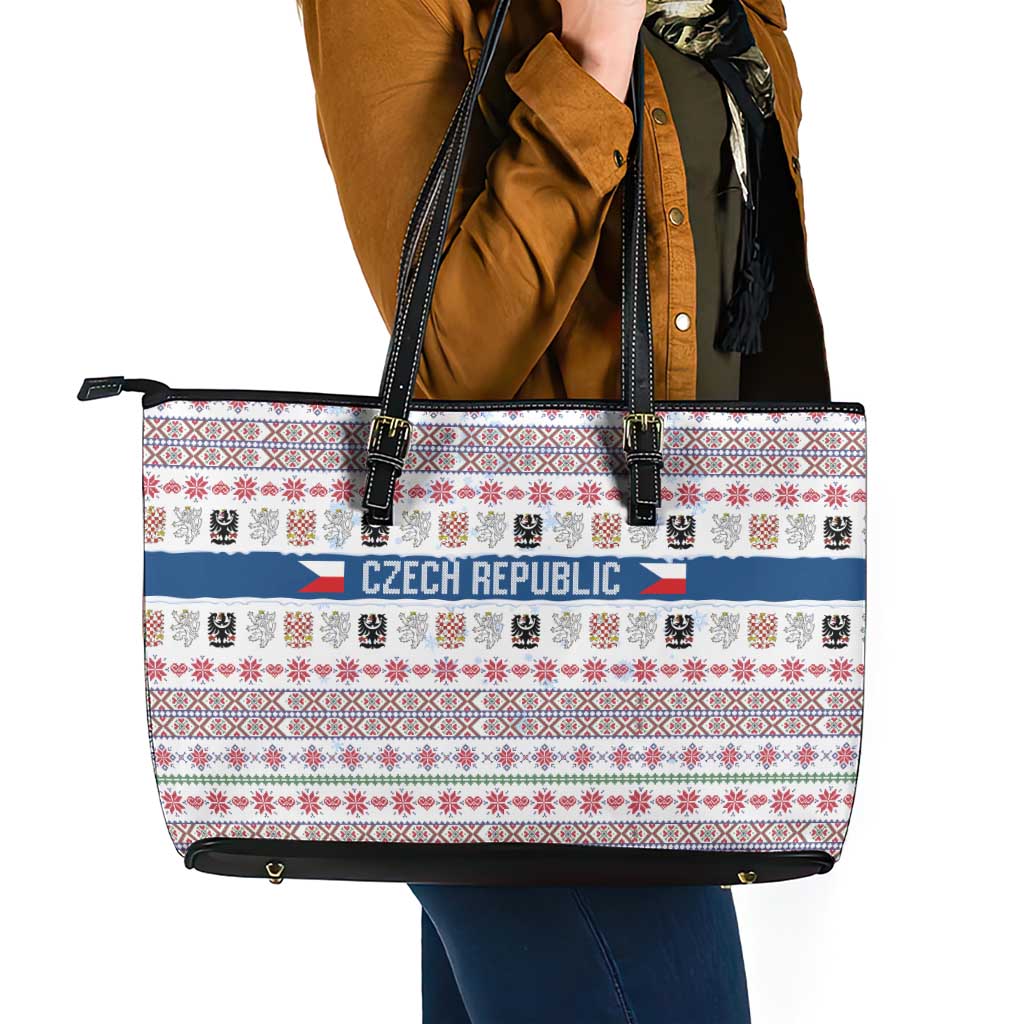 Czech Republic Christmas Leather Tote Bag with Folk Embroidery Design, National Coat of Arms, and Festive Motif - Wonder Print Shop