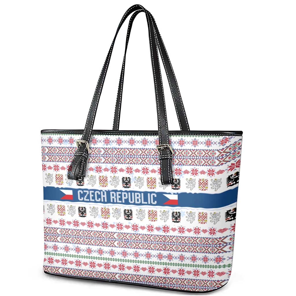 Czech Republic Christmas Leather Tote Bag with Folk Embroidery Design, National Coat of Arms, and Festive Motif - Wonder Print Shop