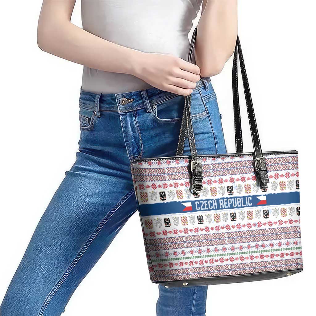 Czech Republic Christmas Leather Tote Bag with Folk Embroidery Design, National Coat of Arms, and Festive Motif - Wonder Print Shop