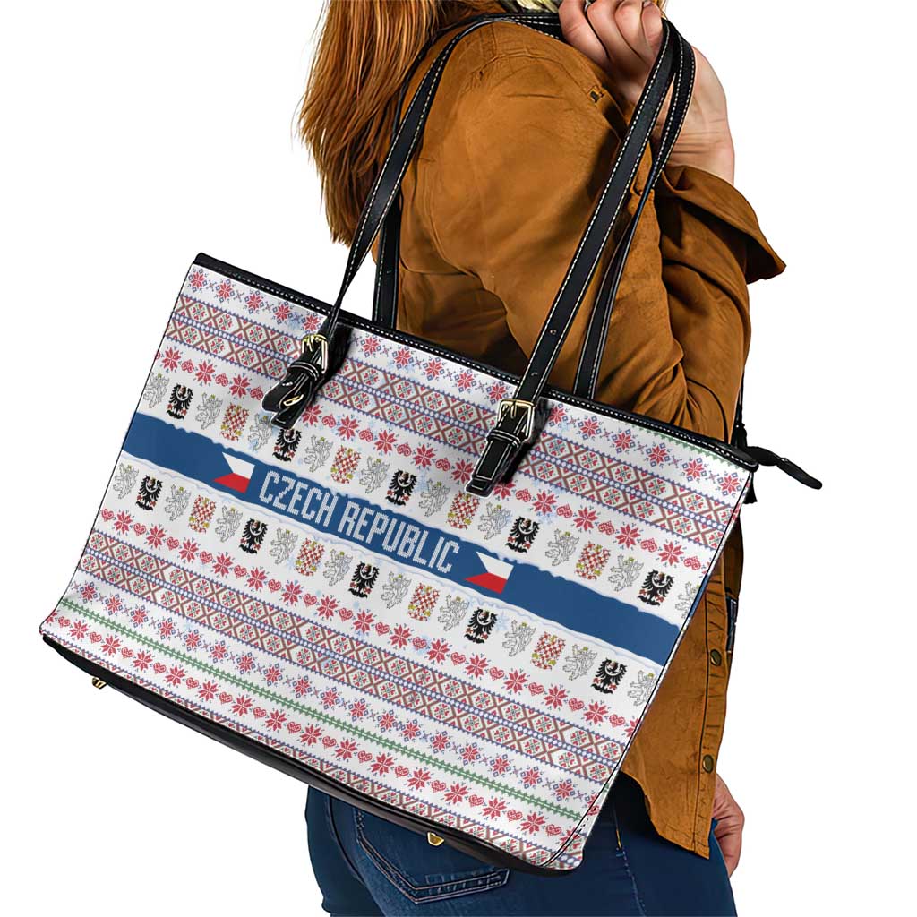 Czech Republic Christmas Leather Tote Bag with Folk Embroidery Design, National Coat of Arms, and Festive Motif - Wonder Print Shop