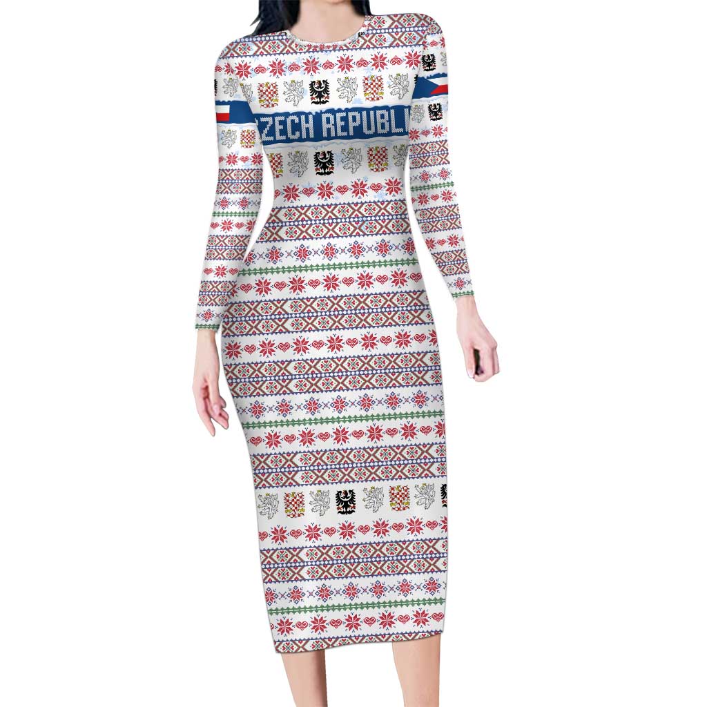 Czech Republic Christmas Long Sleeve Bodycon Dress with Folk Embroidery Design, National Coat of Arms, and Festive Motif - Wonder Print Shop