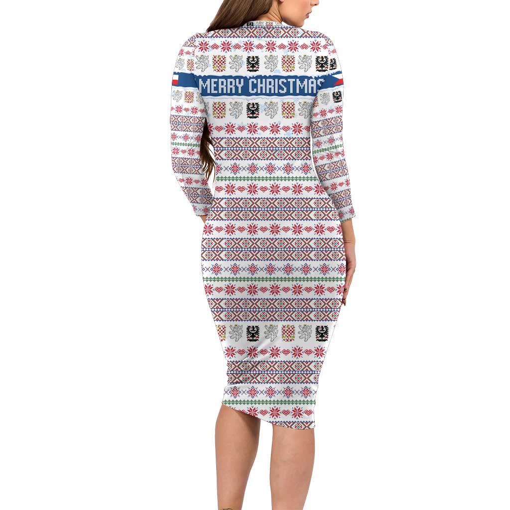 Czech Republic Christmas Long Sleeve Bodycon Dress with Folk Embroidery Design, National Coat of Arms, and Festive Motif - Wonder Print Shop