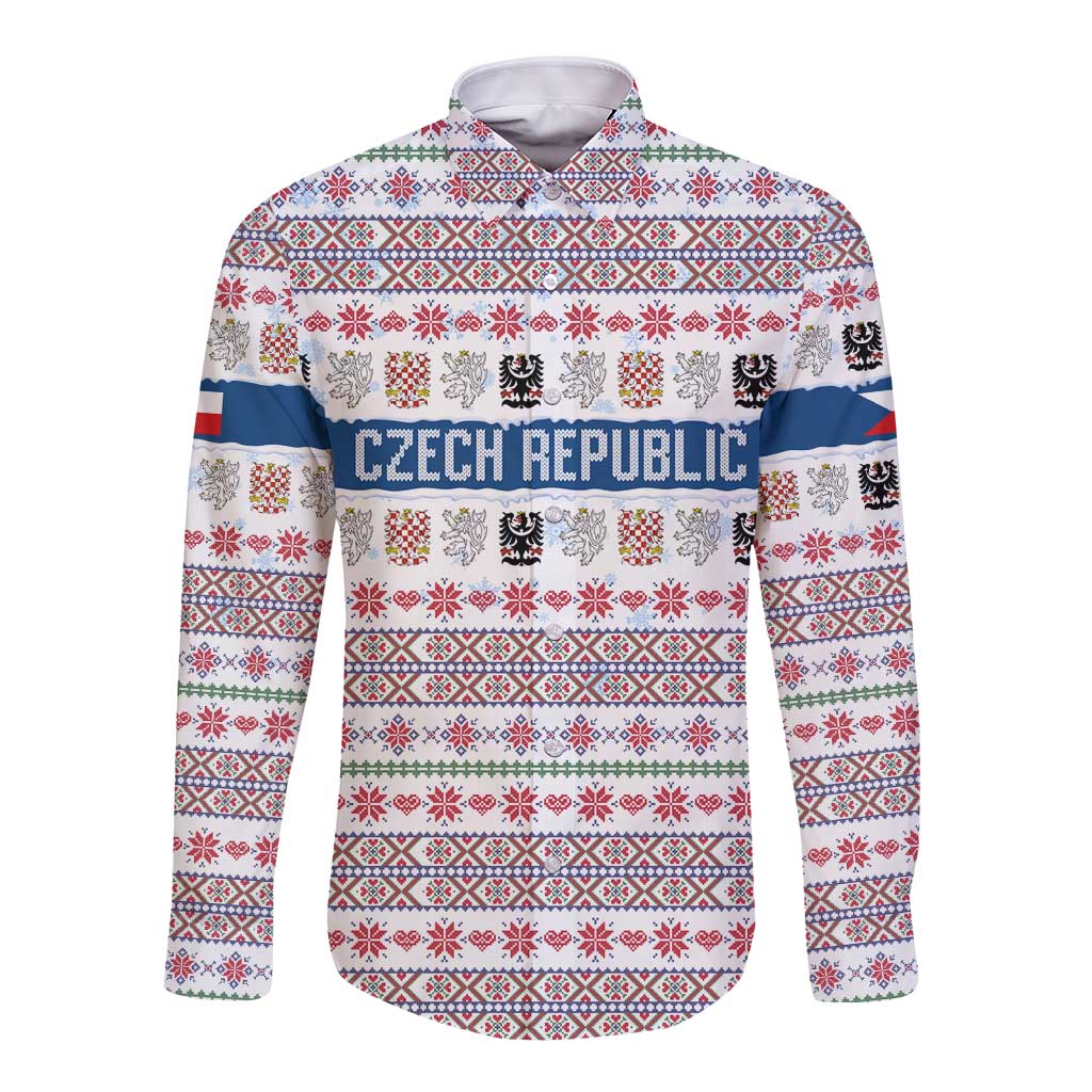Czech Republic Christmas Long Sleeve Button Shirt with Folk Embroidery Design, National Coat of Arms, and Festive Motif - Wonder Print Shop