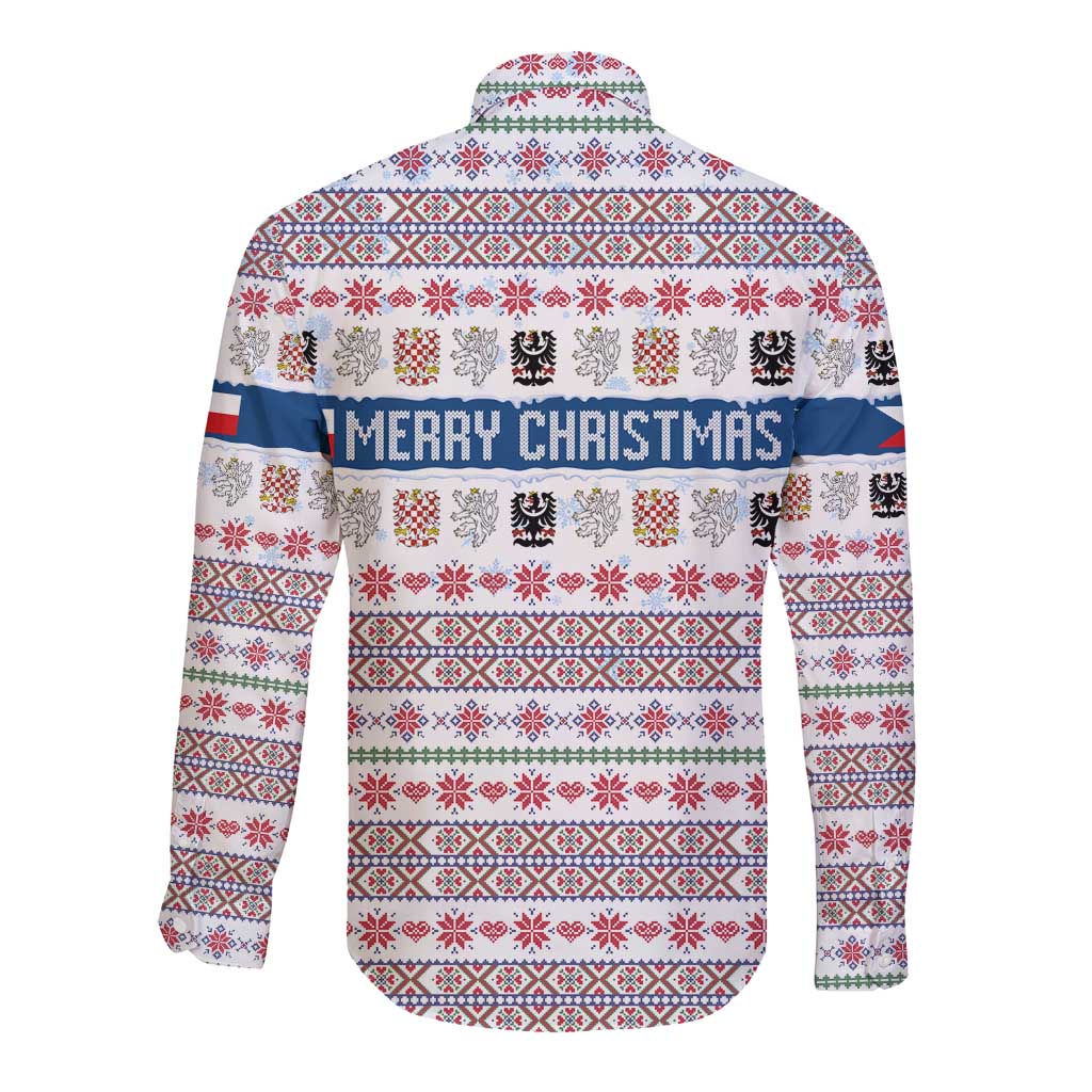 Czech Republic Christmas Long Sleeve Button Shirt with Folk Embroidery Design, National Coat of Arms, and Festive Motif - Wonder Print Shop