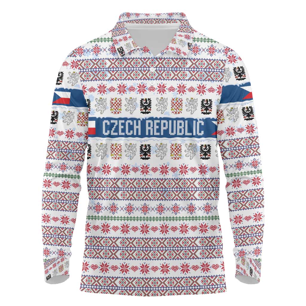 Czech Republic Christmas Long Sleeve Polo Shirt with Folk Embroidery Design, National Coat of Arms, and Festive Motif - Wonder Print Shop