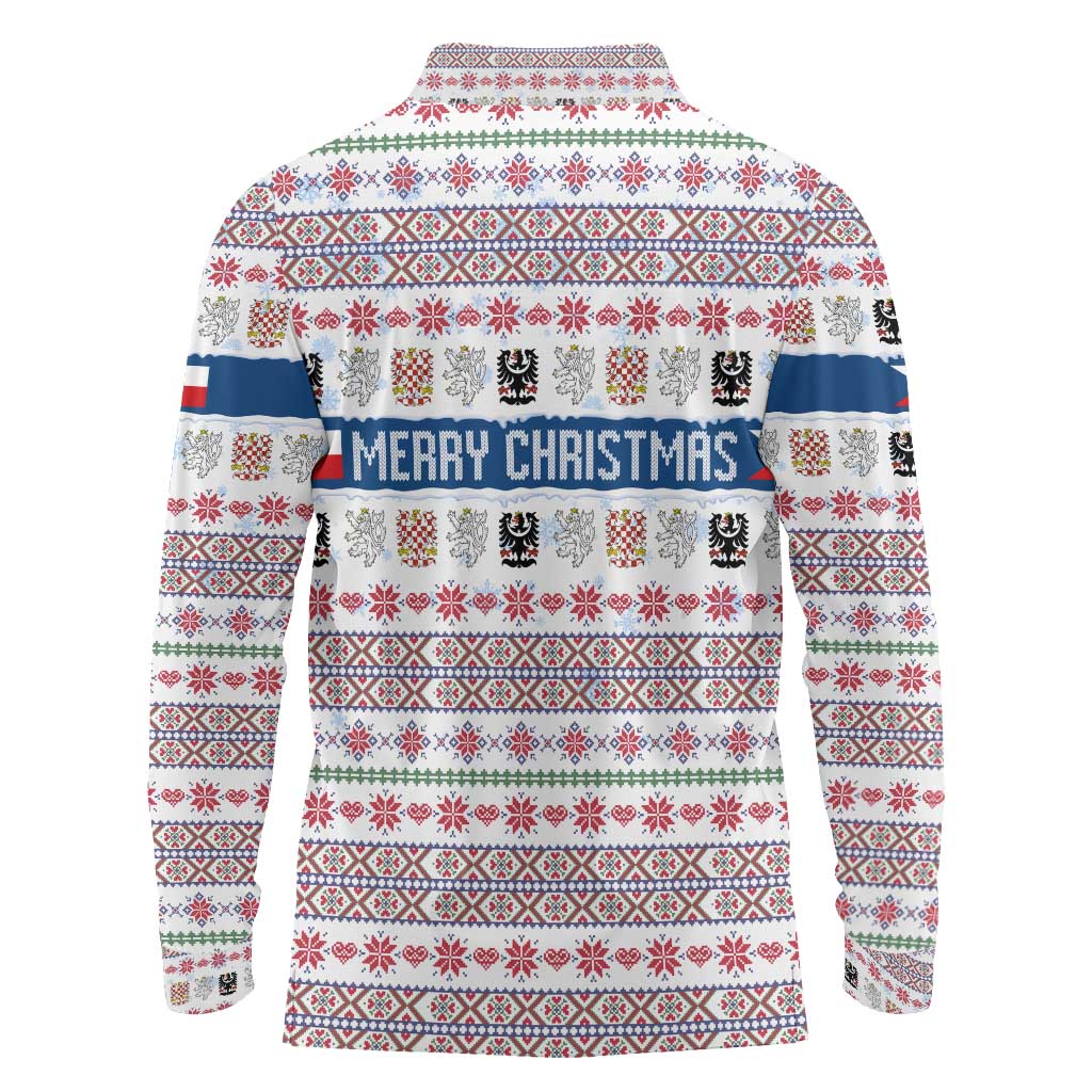 Czech Republic Christmas Long Sleeve Polo Shirt with Folk Embroidery Design, National Coat of Arms, and Festive Motif - Wonder Print Shop