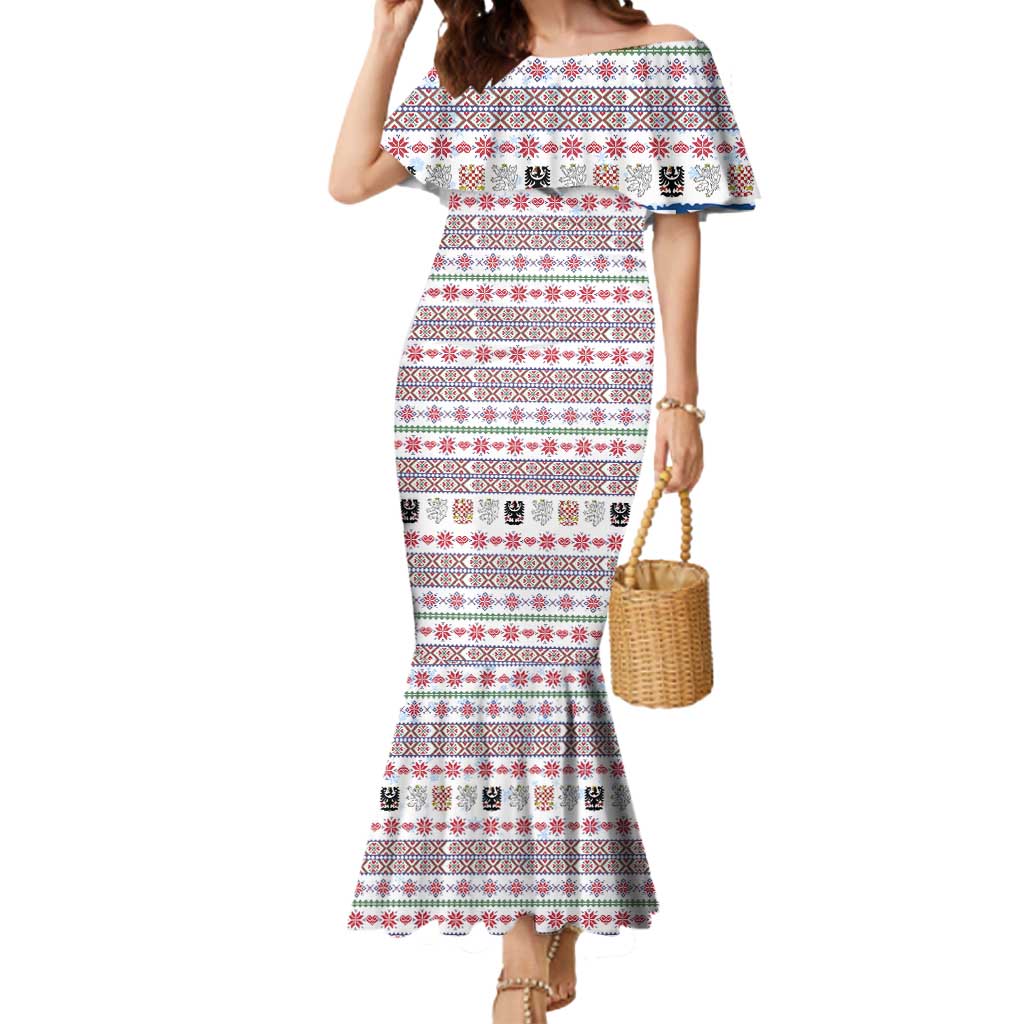 Czech Republic Christmas Mermaid Dress with Folk Embroidery Design, National Coat of Arms, and Festive Motif - Wonder Print Shop