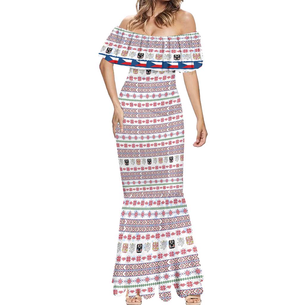 Czech Republic Christmas Mermaid Dress with Folk Embroidery Design, National Coat of Arms, and Festive Motif - Wonder Print Shop