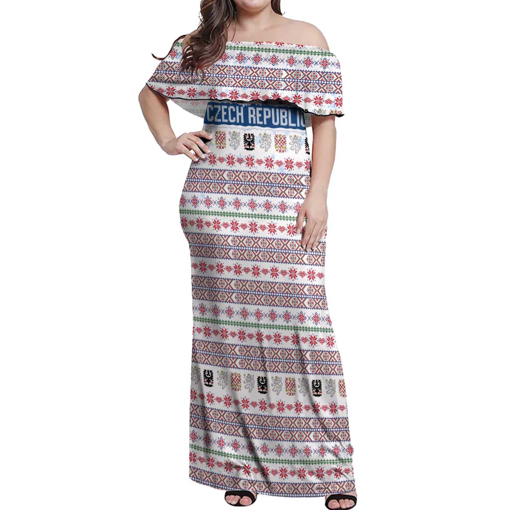Czech Republic Christmas Off Shoulder Maxi Dress with Folk Embroidery Design, National Coat of Arms, and Festive Motif - Wonder Print Shop