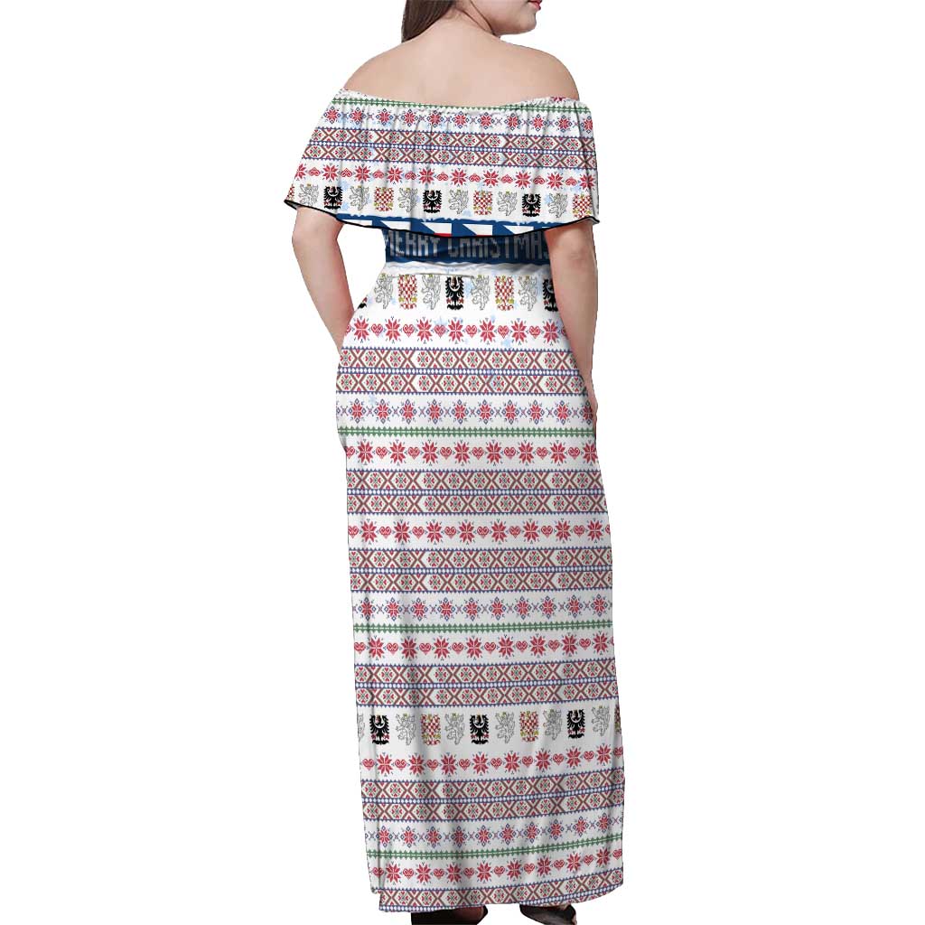 Czech Republic Christmas Off Shoulder Maxi Dress with Folk Embroidery Design, National Coat of Arms, and Festive Motif - Wonder Print Shop