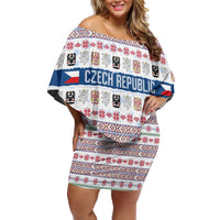 Czech Republic Christmas Off Shoulder Short Dress with Folk Embroidery Design, National Coat of Arms, and Festive Motif - Wonder Print Shop