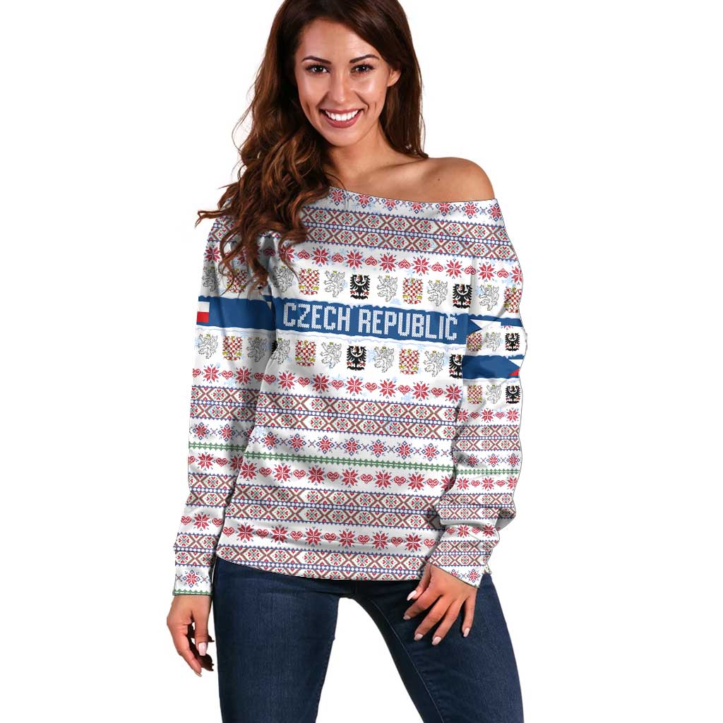 Czech Republic Christmas Off Shoulder Sweater with Folk Embroidery Design, National Coat of Arms, and Festive Motif - Wonder Print Shop