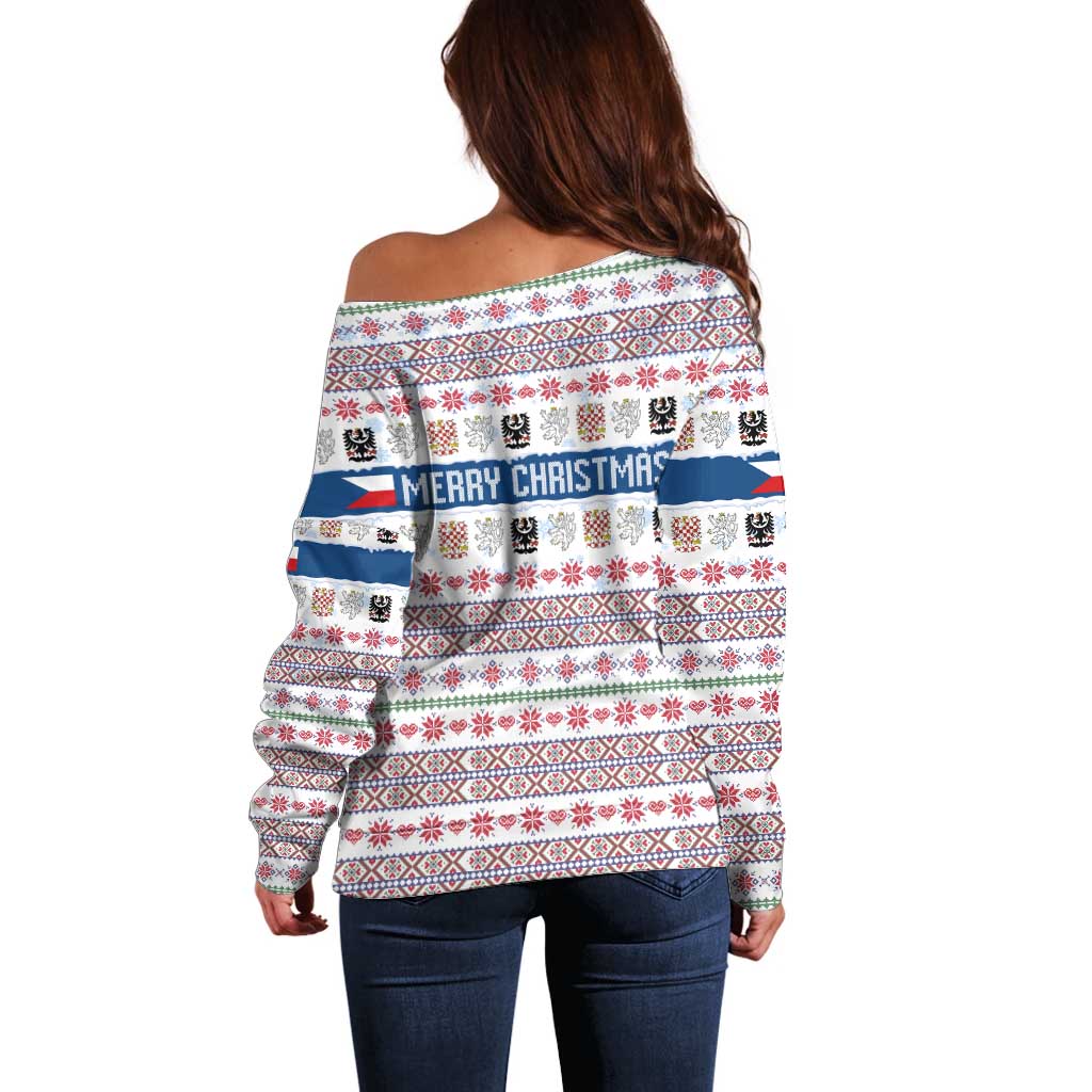 Czech Republic Christmas Off Shoulder Sweater with Folk Embroidery Design, National Coat of Arms, and Festive Motif - Wonder Print Shop