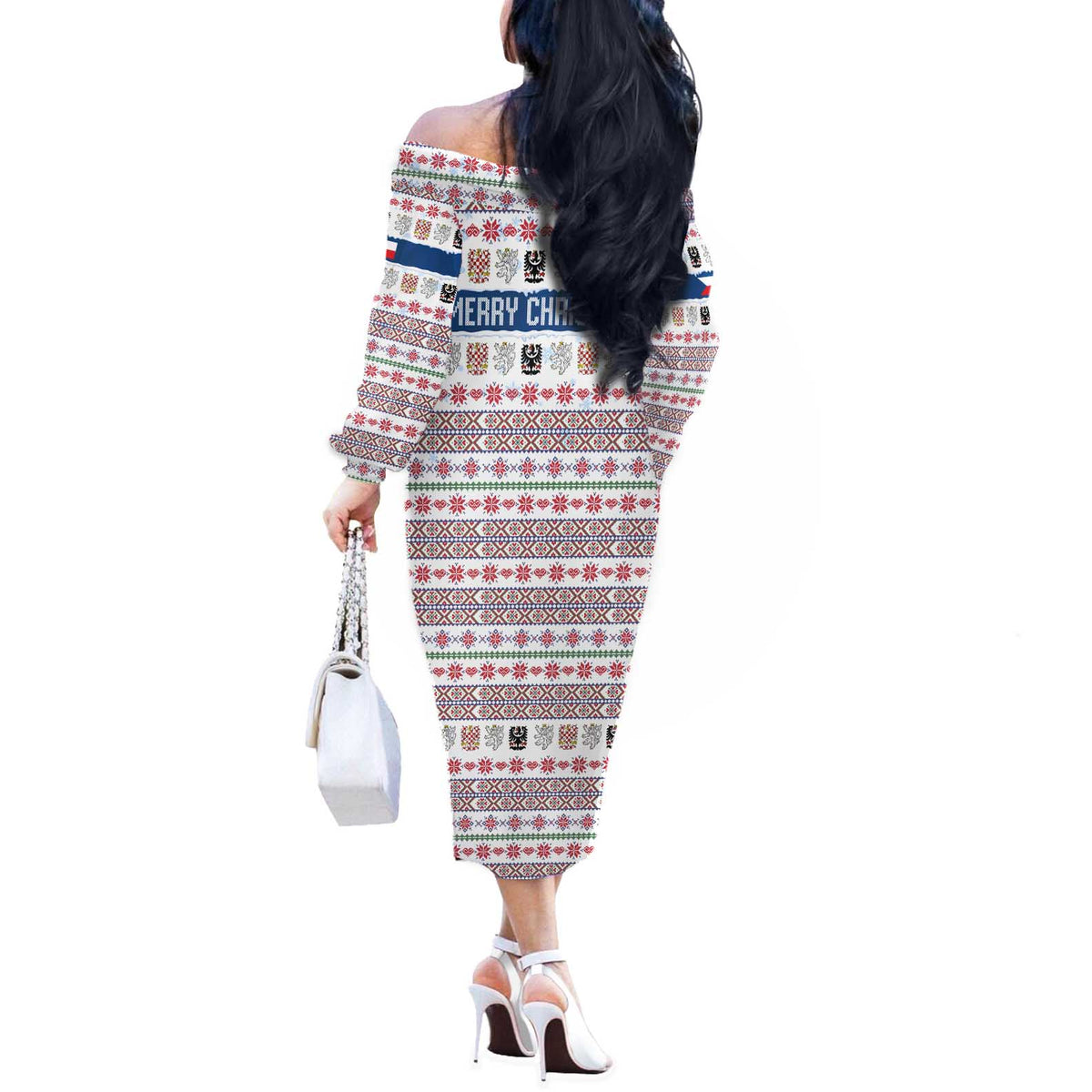 Czech Republic Christmas Off The Shoulder Long Sleeve Dress with Folk Embroidery Design, National Coat of Arms, and Festive Motif - Wonder Print Shop