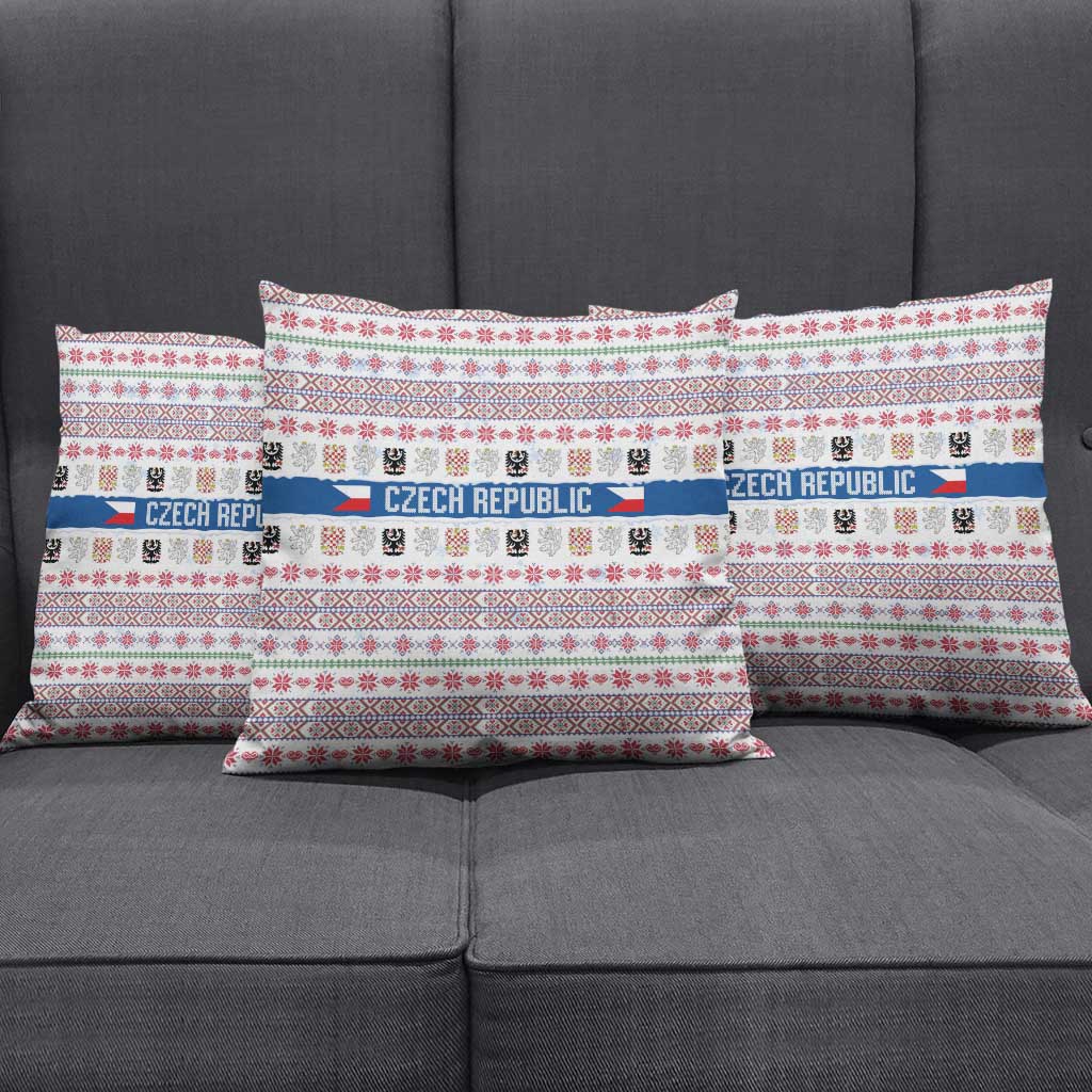 Czech Republic Christmas Pillow Cover with Folk Embroidery Design, National Coat of Arms, and Festive Motif - Wonder Print Shop