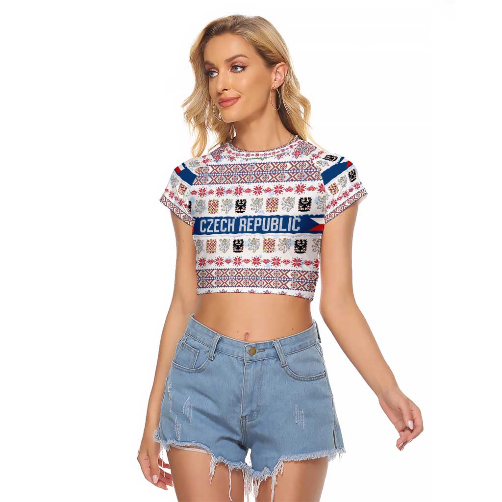Czech Republic Christmas Raglan Cropped T Shirt with Folk Embroidery Design, National Coat of Arms, and Festive Motif - Wonder Print Shop