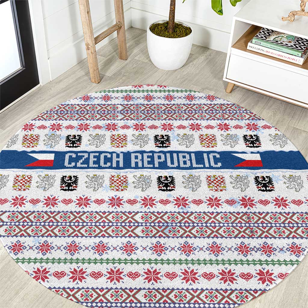 Czech Republic Christmas Round Carpet with Folk Embroidery Design, National Coat of Arms, and Festive Motif - Wonder Print Shop