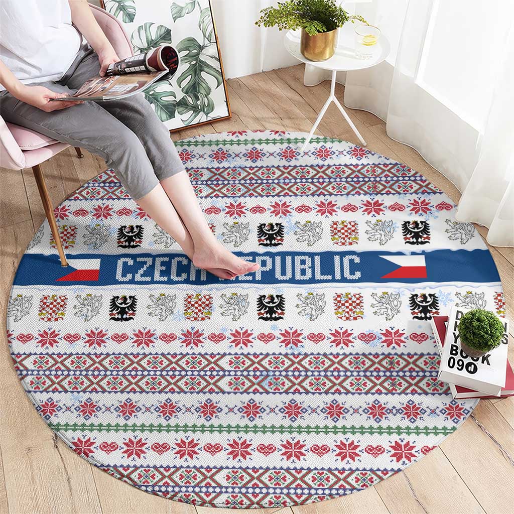 Czech Republic Christmas Round Carpet with Folk Embroidery Design, National Coat of Arms, and Festive Motif - Wonder Print Shop