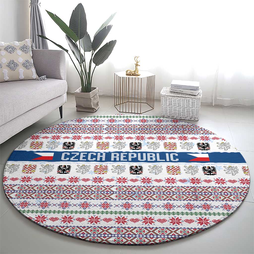 Czech Republic Christmas Round Carpet with Folk Embroidery Design, National Coat of Arms, and Festive Motif - Wonder Print Shop