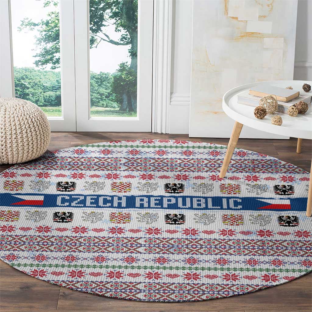 Czech Republic Christmas Round Carpet with Folk Embroidery Design, National Coat of Arms, and Festive Motif - Wonder Print Shop