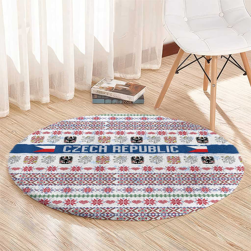 Czech Republic Christmas Round Carpet with Folk Embroidery Design, National Coat of Arms, and Festive Motif - Wonder Print Shop