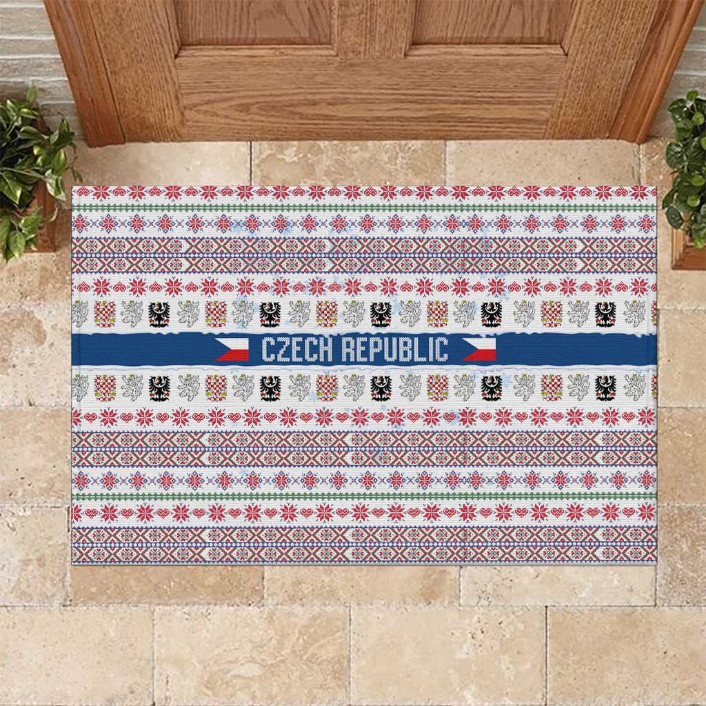 Czech Republic Christmas Rubber Doormat with Folk Embroidery Design, National Coat of Arms, and Festive Motif - Wonder Print Shop
