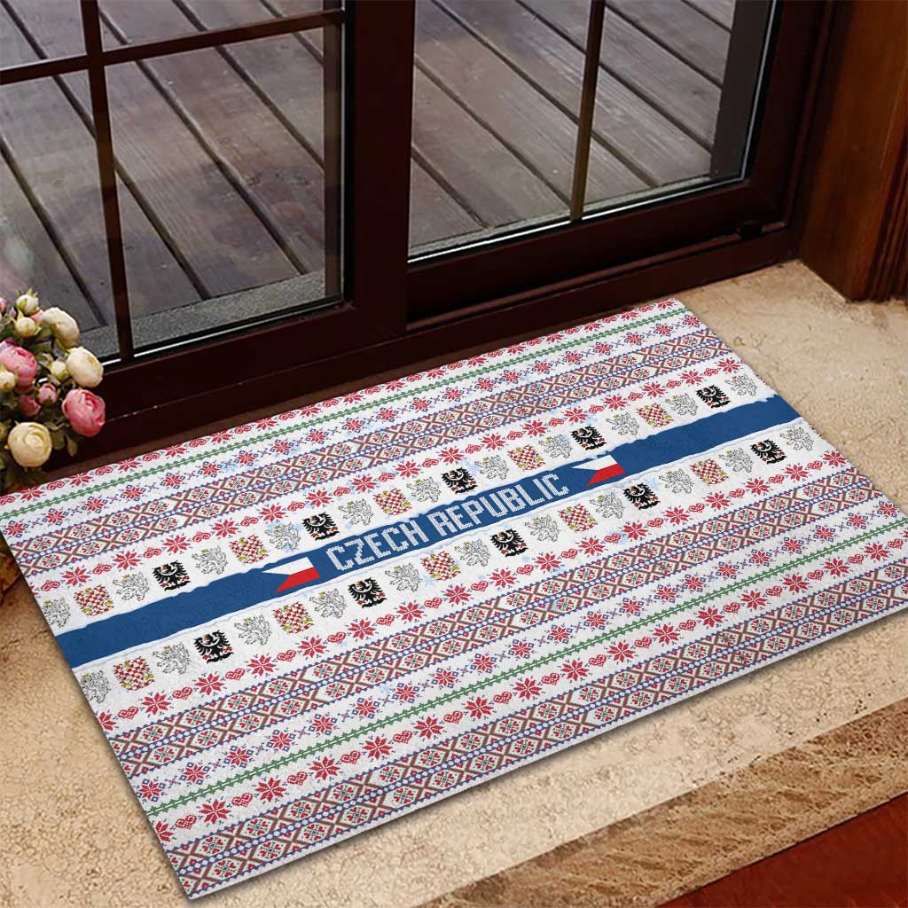 Czech Republic Christmas Rubber Doormat with Folk Embroidery Design, National Coat of Arms, and Festive Motif - Wonder Print Shop