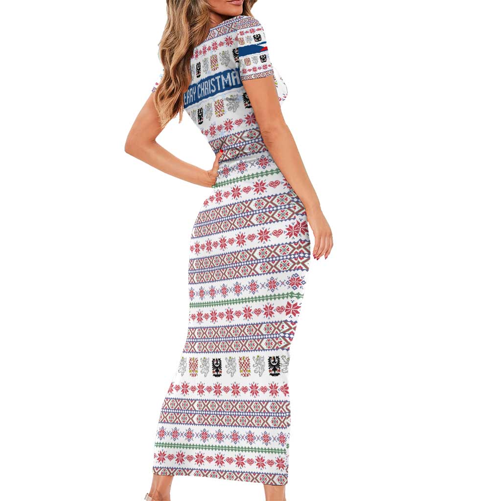 Czech Republic Christmas Short Sleeve Bodycon Dress with Folk Embroidery Design, National Coat of Arms, and Festive Motif - Wonder Print Shop