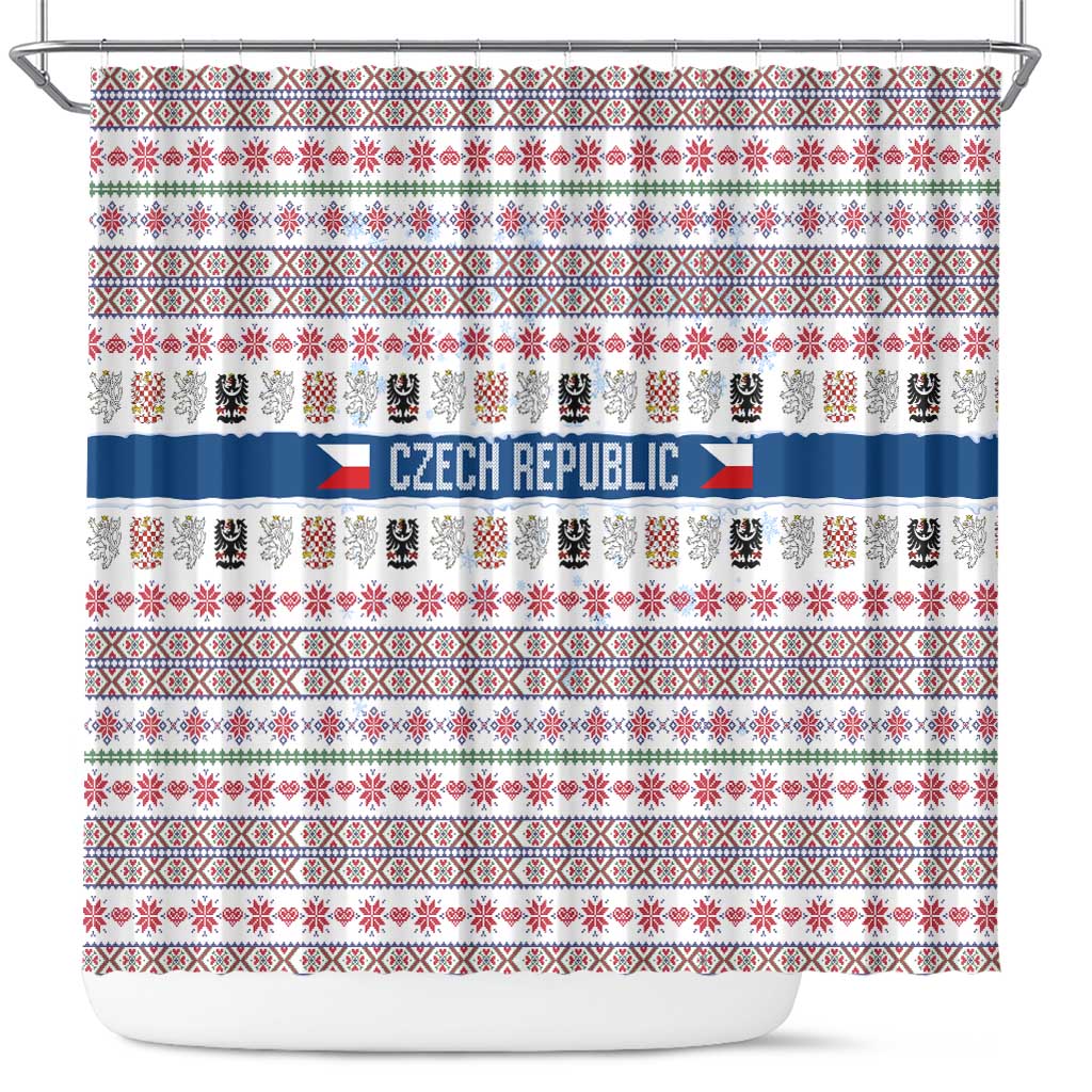 Czech Republic Christmas Shower Curtain with Folk Embroidery Design, National Coat of Arms, and Festive Motif - Wonder Print Shop
