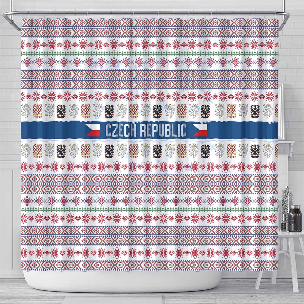 Czech Republic Christmas Shower Curtain with Folk Embroidery Design, National Coat of Arms, and Festive Motif - Wonder Print Shop