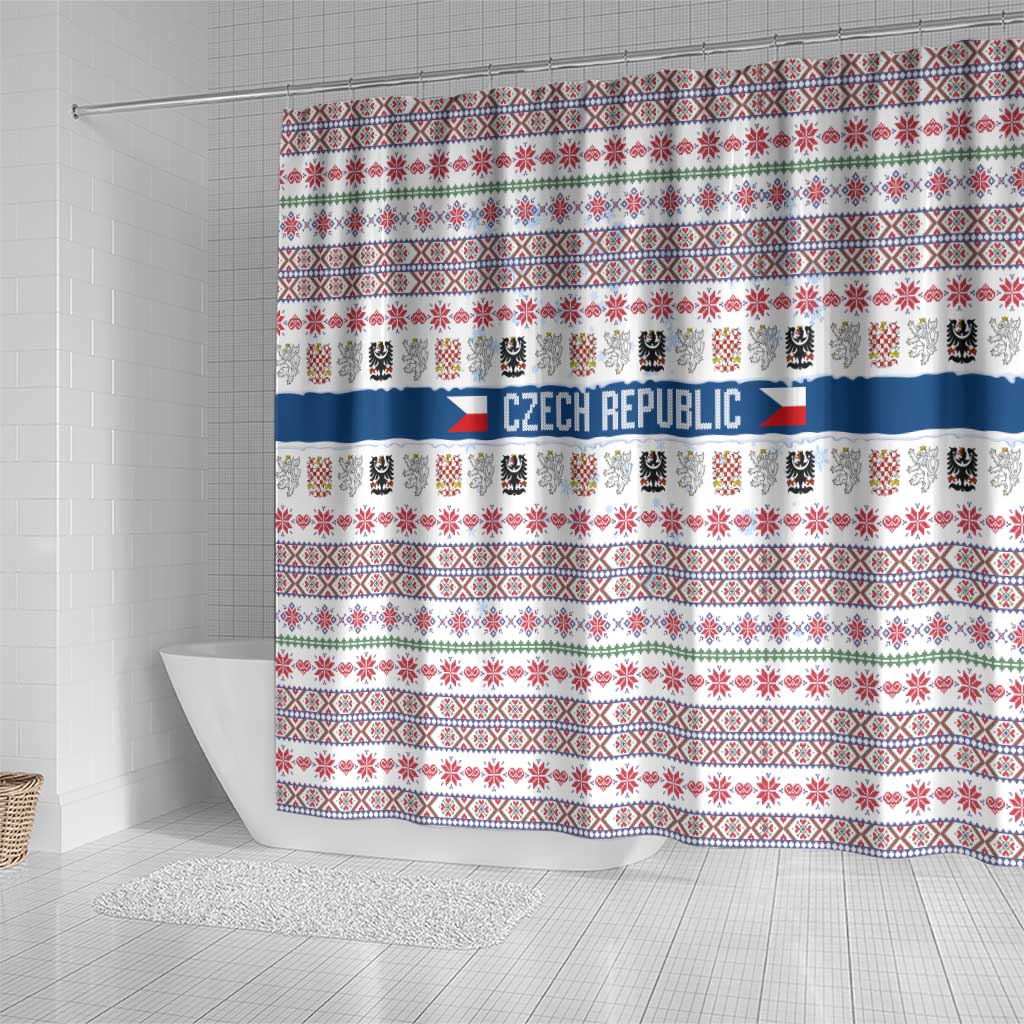 Czech Republic Christmas Shower Curtain with Folk Embroidery Design, National Coat of Arms, and Festive Motif - Wonder Print Shop