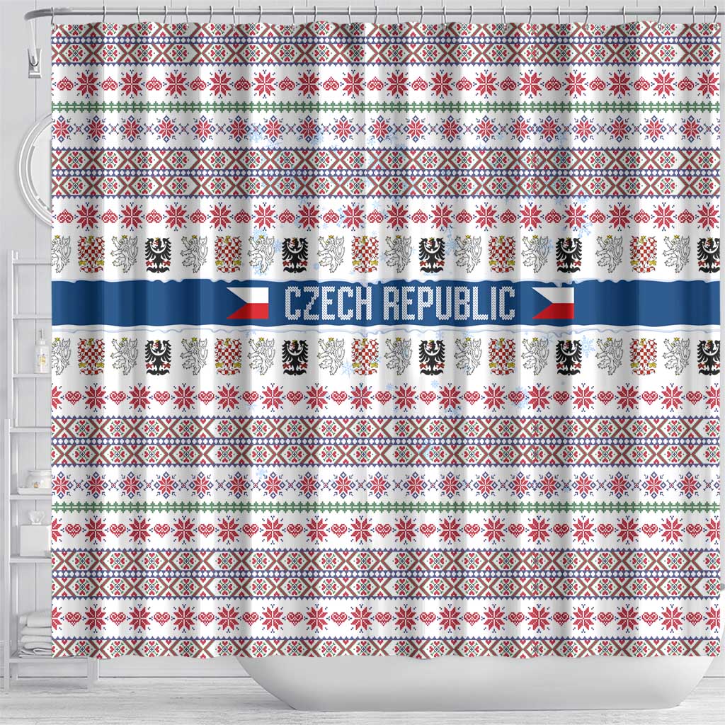 Czech Republic Christmas Shower Curtain with Folk Embroidery Design, National Coat of Arms, and Festive Motif - Wonder Print Shop