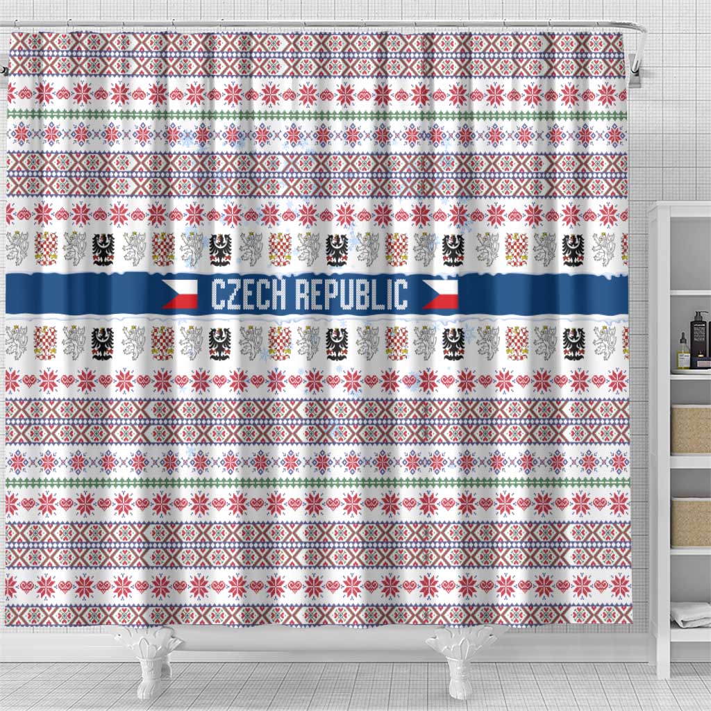 Czech Republic Christmas Shower Curtain with Folk Embroidery Design, National Coat of Arms, and Festive Motif - Wonder Print Shop