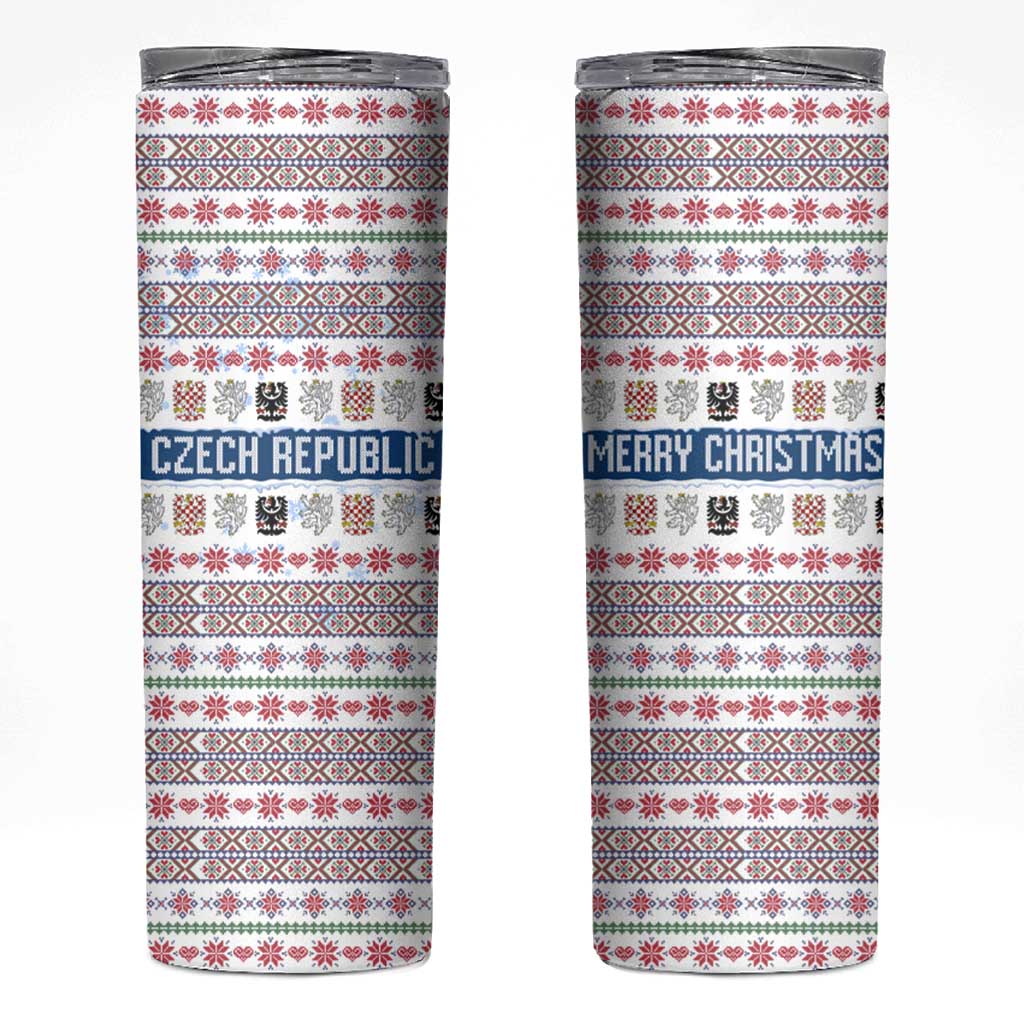 Czech Republic Christmas Skinny Tumbler with Folk Embroidery Design, National Coat of Arms, and Festive Motif - Wonder Print Shop