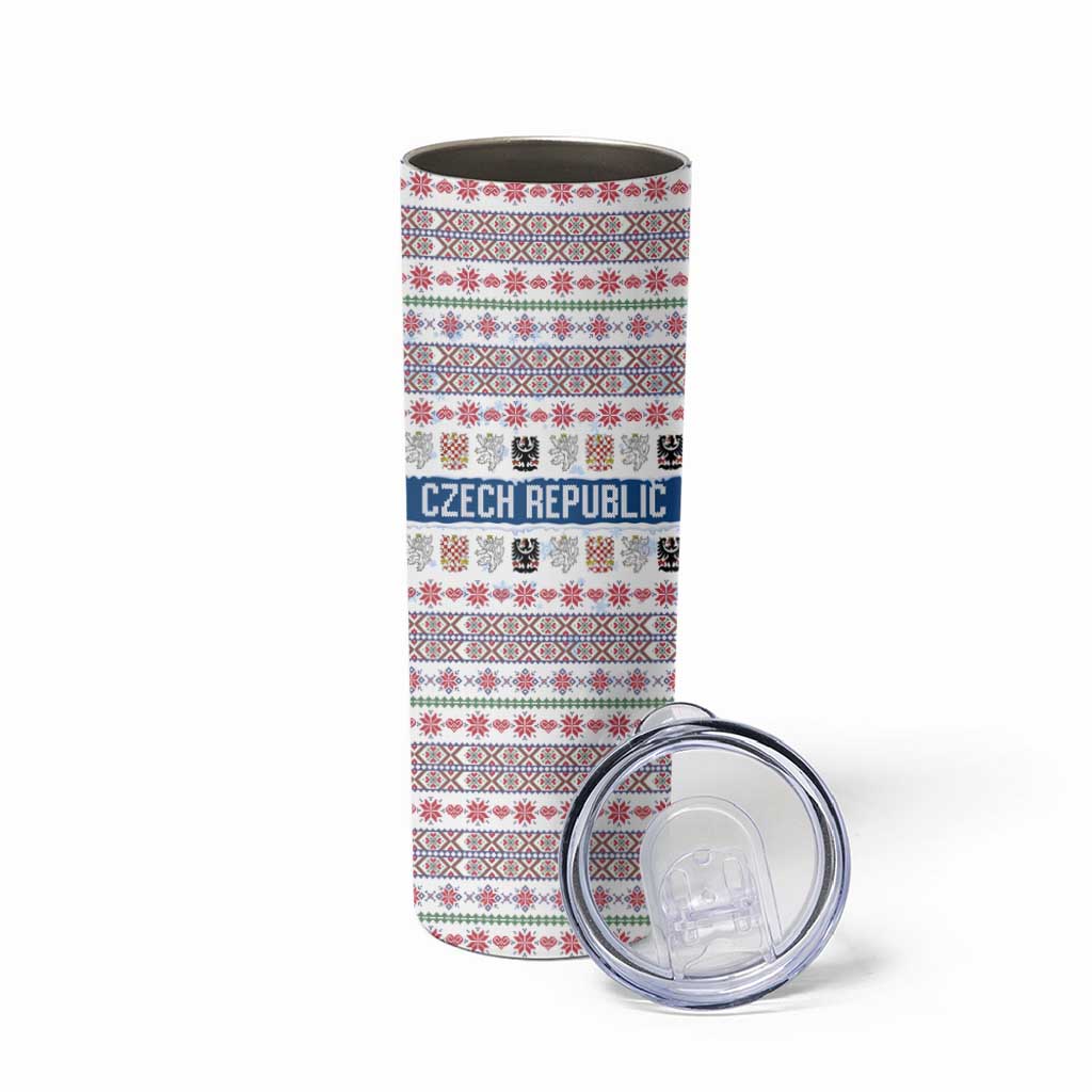 Czech Republic Christmas Skinny Tumbler with Folk Embroidery Design, National Coat of Arms, and Festive Motif - Wonder Print Shop