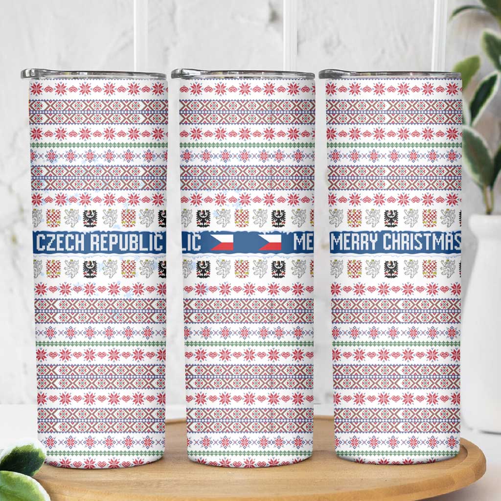 Czech Republic Christmas Skinny Tumbler with Folk Embroidery Design, National Coat of Arms, and Festive Motif - Wonder Print Shop