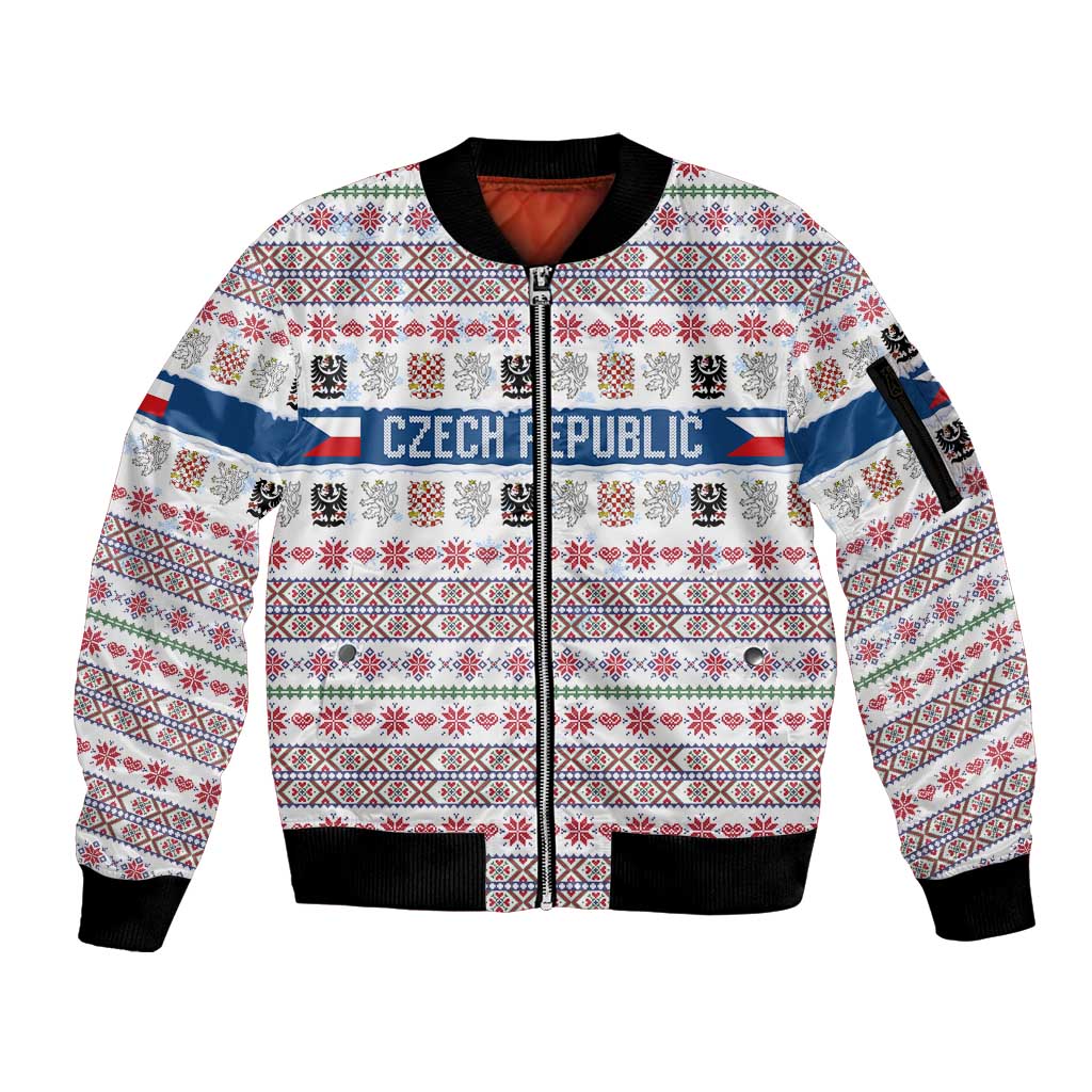 Czech Republic Christmas Sleeve Zip Bomber Jacket with Folk Embroidery Design, National Coat of Arms, and Festive Motif - Wonder Print Shop