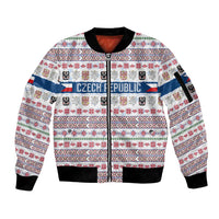 Czech Republic Christmas Sleeve Zip Bomber Jacket with Folk Embroidery Design, National Coat of Arms, and Festive Motif - Wonder Print Shop