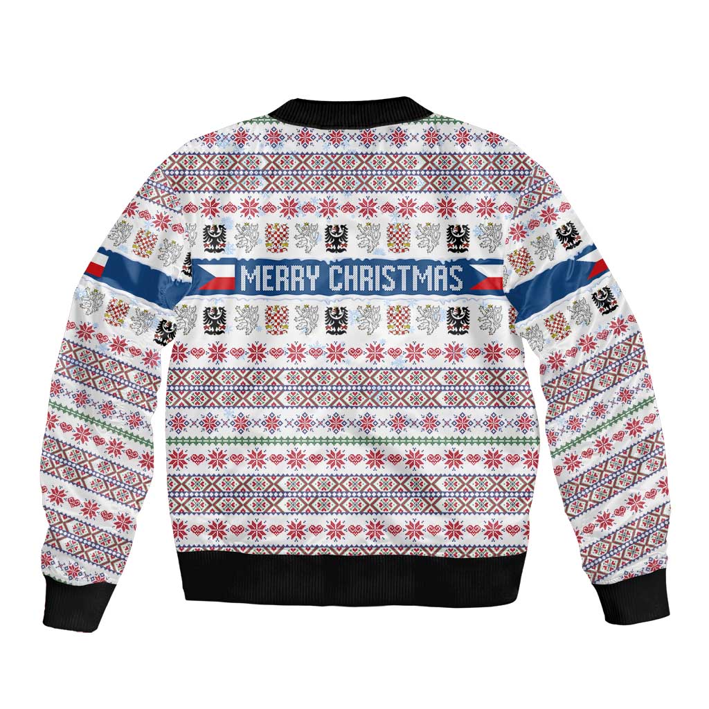 Czech Republic Christmas Sleeve Zip Bomber Jacket with Folk Embroidery Design, National Coat of Arms, and Festive Motif - Wonder Print Shop