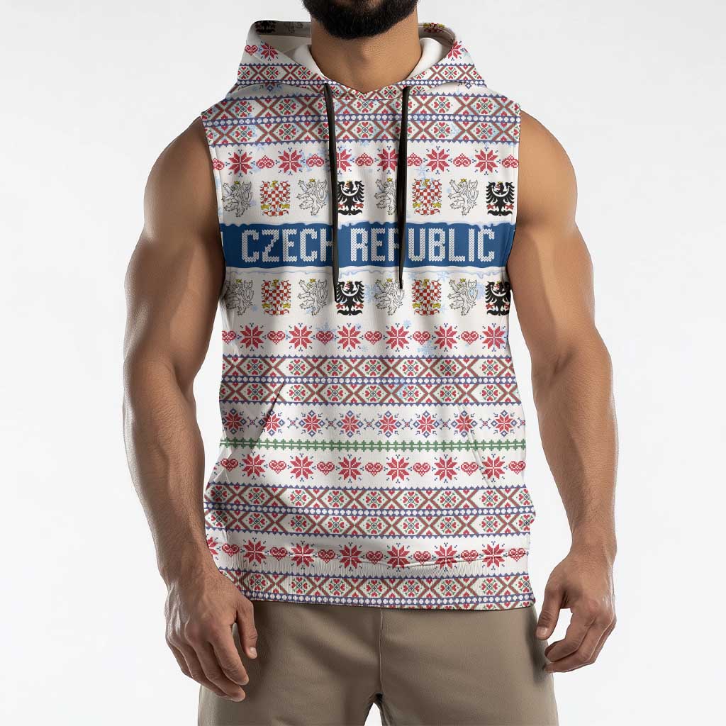 Czech Republic Christmas Sleeveless Hoodie with Folk Embroidery Design, National Coat of Arms, and Festive Motif - Wonder Print Shop
