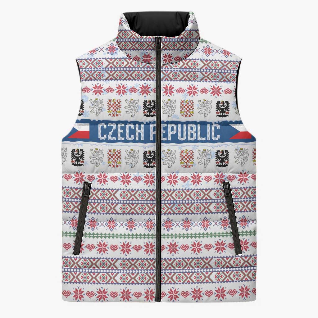 Czech Republic Christmas Sleeveless Puffer Jacket with Folk Embroidery Design, National Coat of Arms, and Festive Motif - Wonder Print Shop