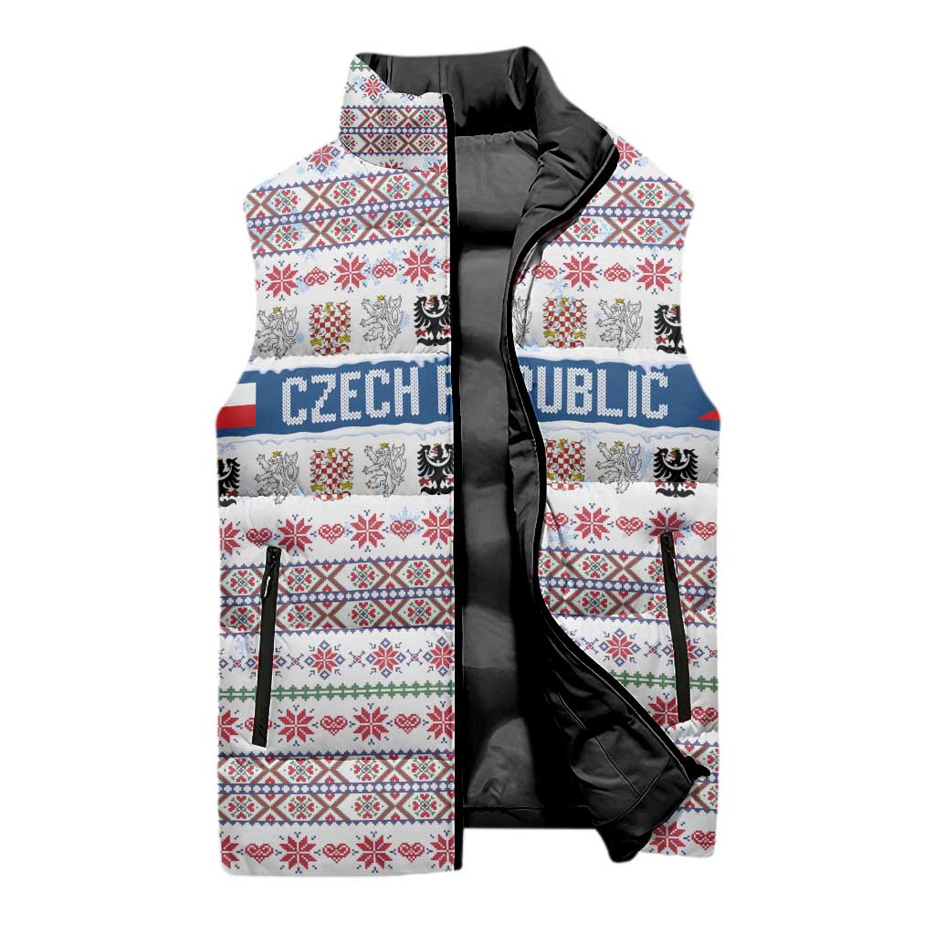 Czech Republic Christmas Sleeveless Puffer Jacket with Folk Embroidery Design, National Coat of Arms, and Festive Motif - Wonder Print Shop