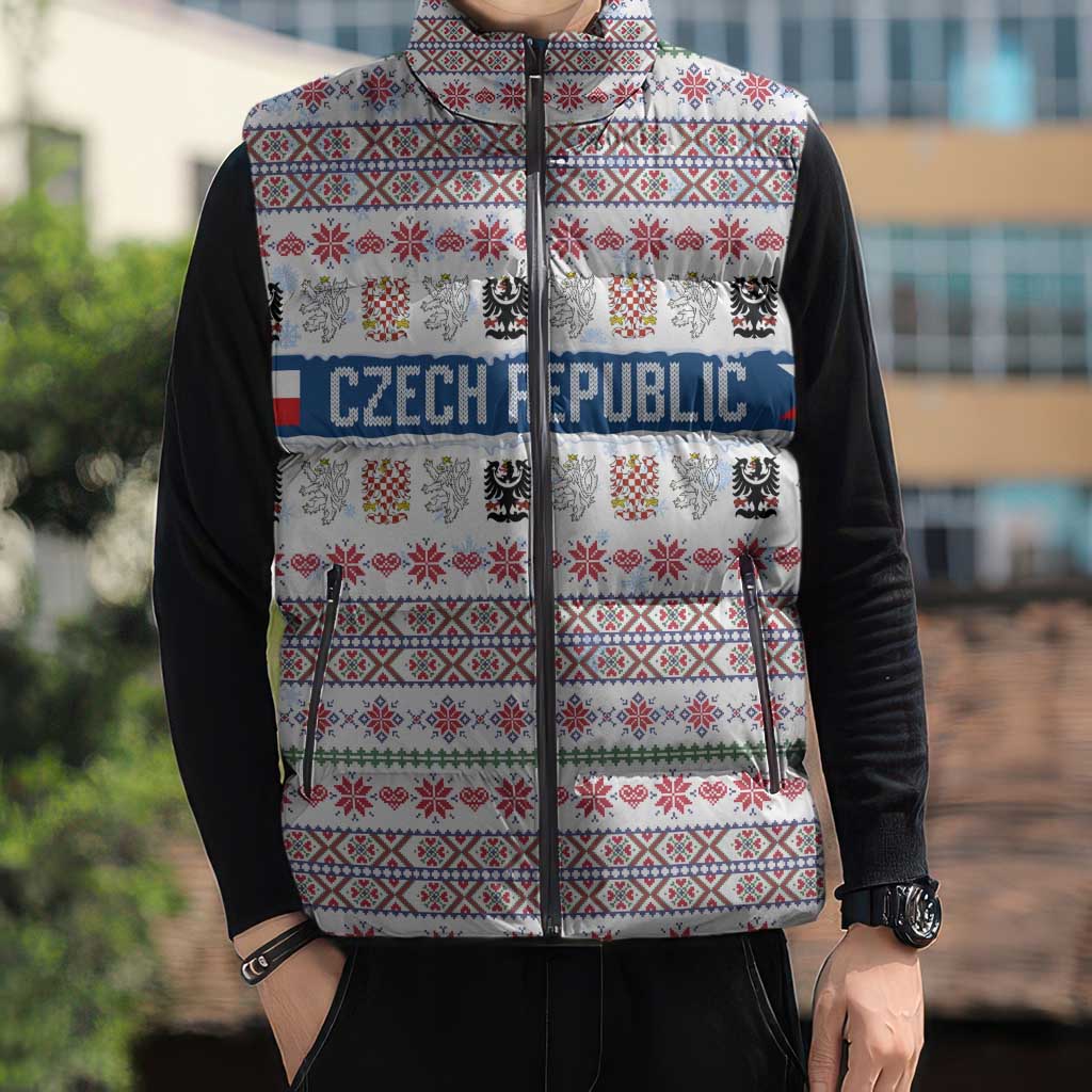 Czech Republic Christmas Sleeveless Puffer Jacket with Folk Embroidery Design, National Coat of Arms, and Festive Motif - Wonder Print Shop