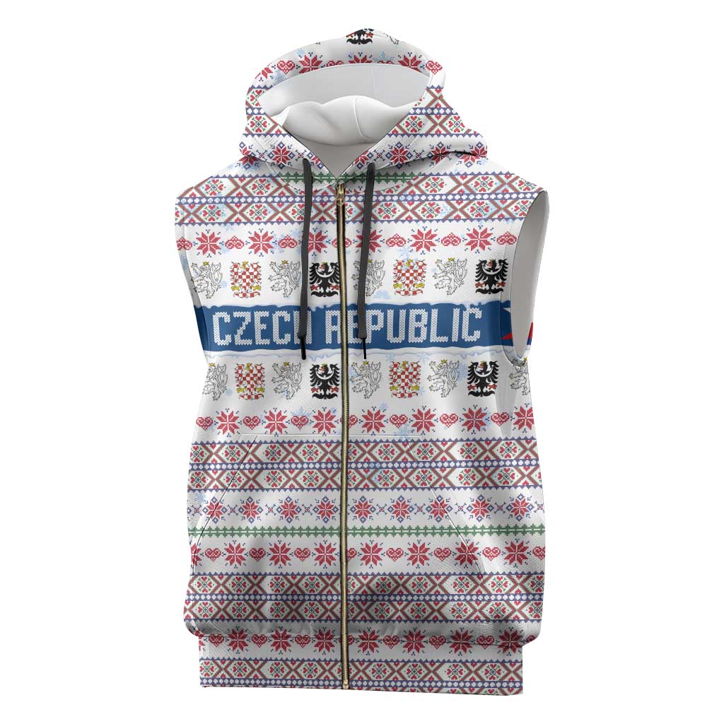 Czech Republic Christmas Sleeveless Zip Hoodie with Folk Embroidery Design, National Coat of Arms, and Festive Motif - Wonder Print Shop