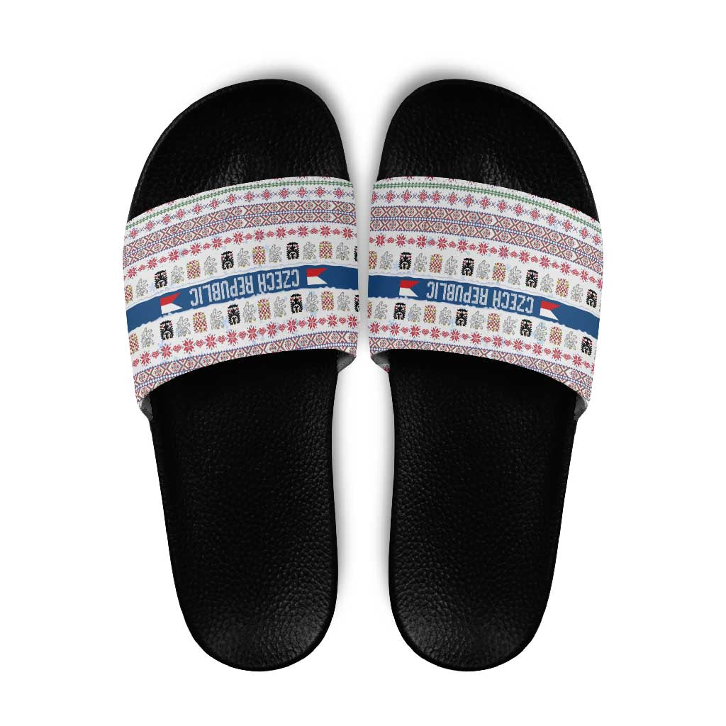 Czech Republic Christmas Slide Sandals with Folk Embroidery Design, National Coat of Arms, and Festive Motif - Wonder Print Shop