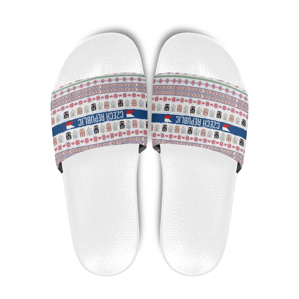 Czech Republic Christmas Slide Sandals with Folk Embroidery Design, National Coat of Arms, and Festive Motif - Wonder Print Shop
