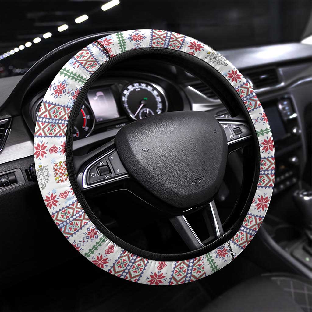 Czech Republic Christmas Steering Wheel Cover with Folk Embroidery Design, National Coat of Arms, and Festive Motif - Wonder Print Shop