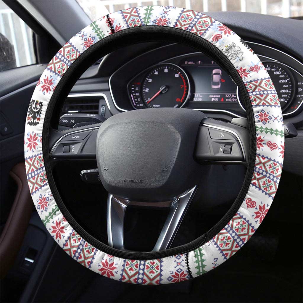 Czech Republic Christmas Steering Wheel Cover with Folk Embroidery Design, National Coat of Arms, and Festive Motif - Wonder Print Shop