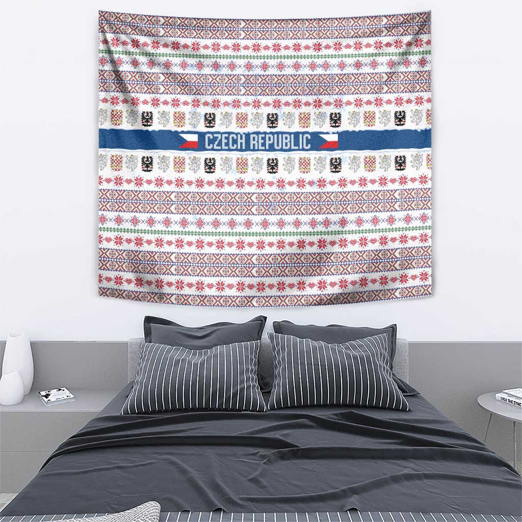 Czech Republic Christmas Tapestry with Folk Embroidery Design, National Coat of Arms, and Festive Motif - Wonder Print Shop